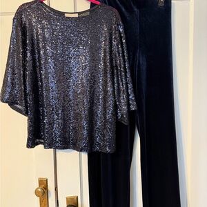 Women’s Chelsea 28 Sequin Top, XL and Mango Velvet Pants, XL, Navy Blue